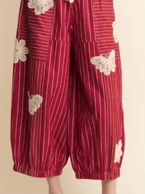 DAVI & DANI Pants - DAVI & DANI Red Pinstripe Wide Leg Jumpsuit Pants with White Lace Appliqué